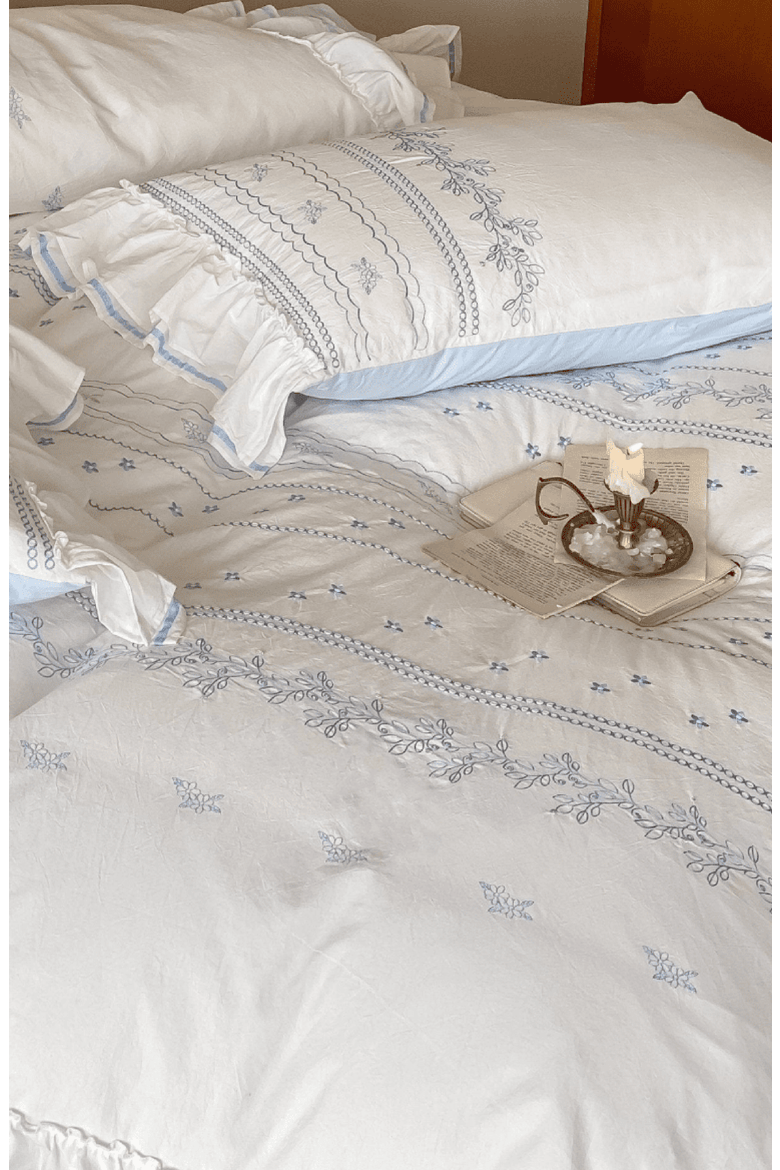 Embroidered French Lace Ruffle Bedding Set, Alternate, color, Blue / Fitted