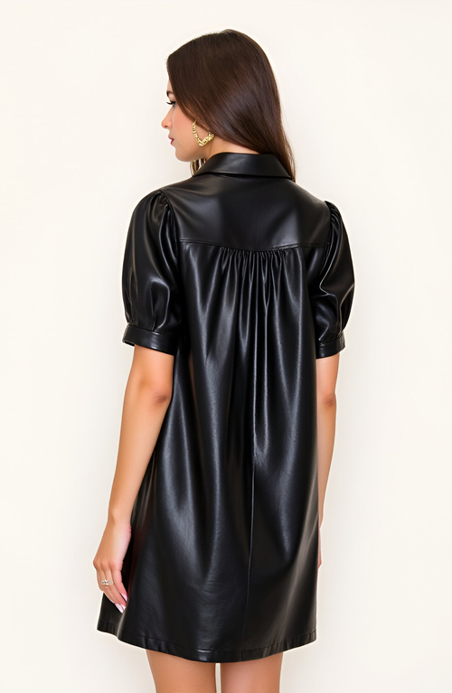 Modenaire Faux Leather Shirt Dress With Puff Sleeves And Button Front In Black