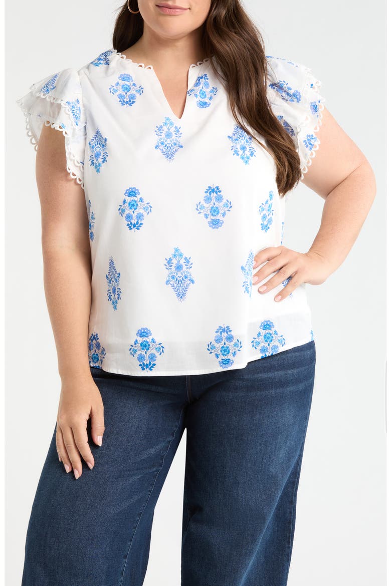 Yila Print Ruffle Sleeve Top, Main, color, WHT-BLUES