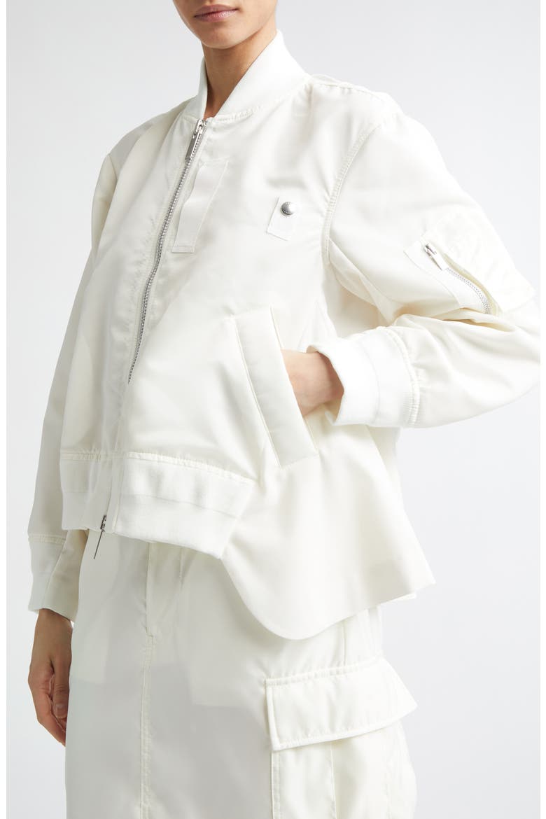 Mixed Media Nylon Twill & Wool Bomber Jacket, Alternate, color, OFF WHITE
