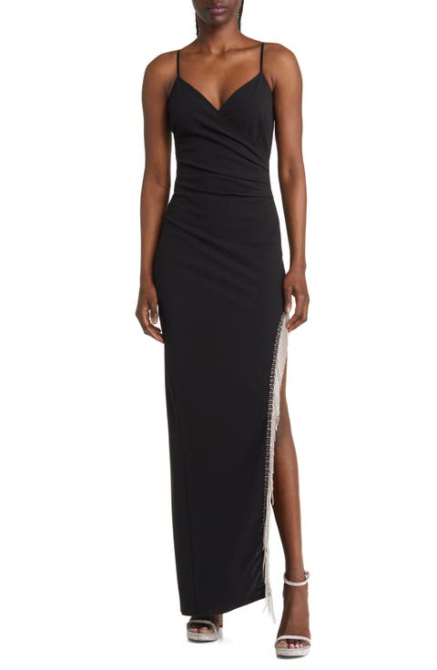 Crystal Fringe Trim Faux Wrap Gown