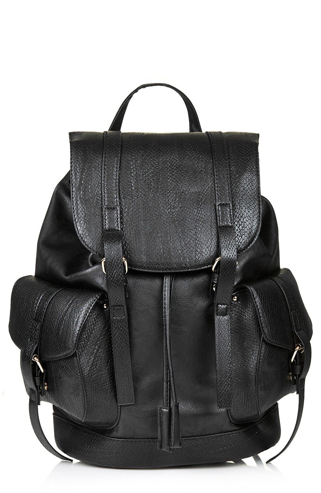 Snakeskin Pocket Faux Leather Backpack, Main, color, BLACK