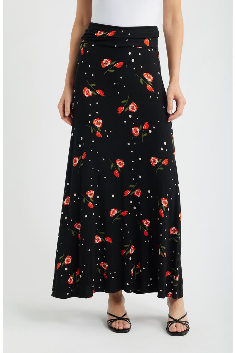 Roll Top Floral Print Maxi Skirt, Main, color, BLACK/ RED