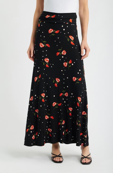 Roll Top Floral Print Maxi Skirt