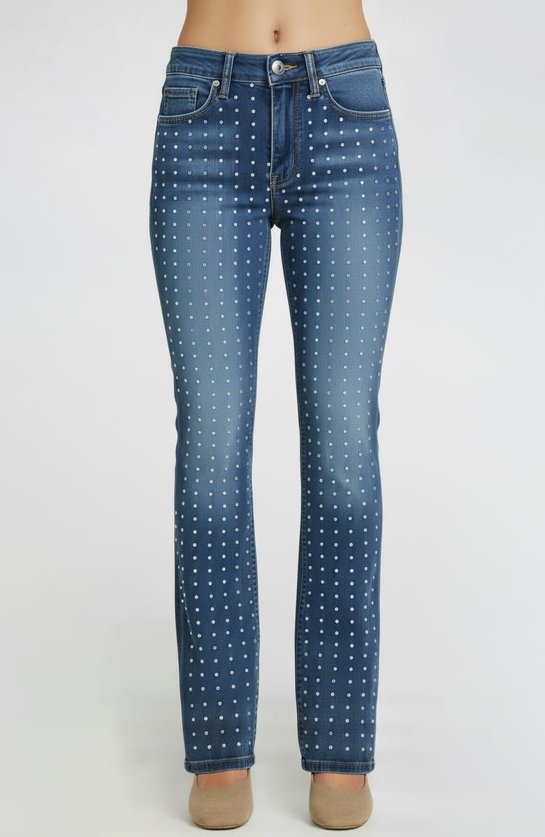 bebe Rhinestone Embellished Straight Leg Jeans, Main, color, Medium Blue