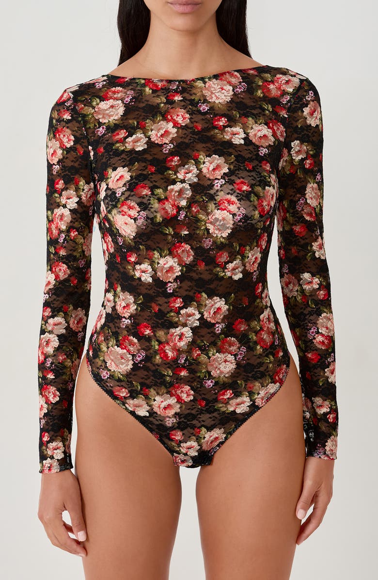 Etam Euphemisme Floral Long Sleeve Bodysuit, Main, color, Black