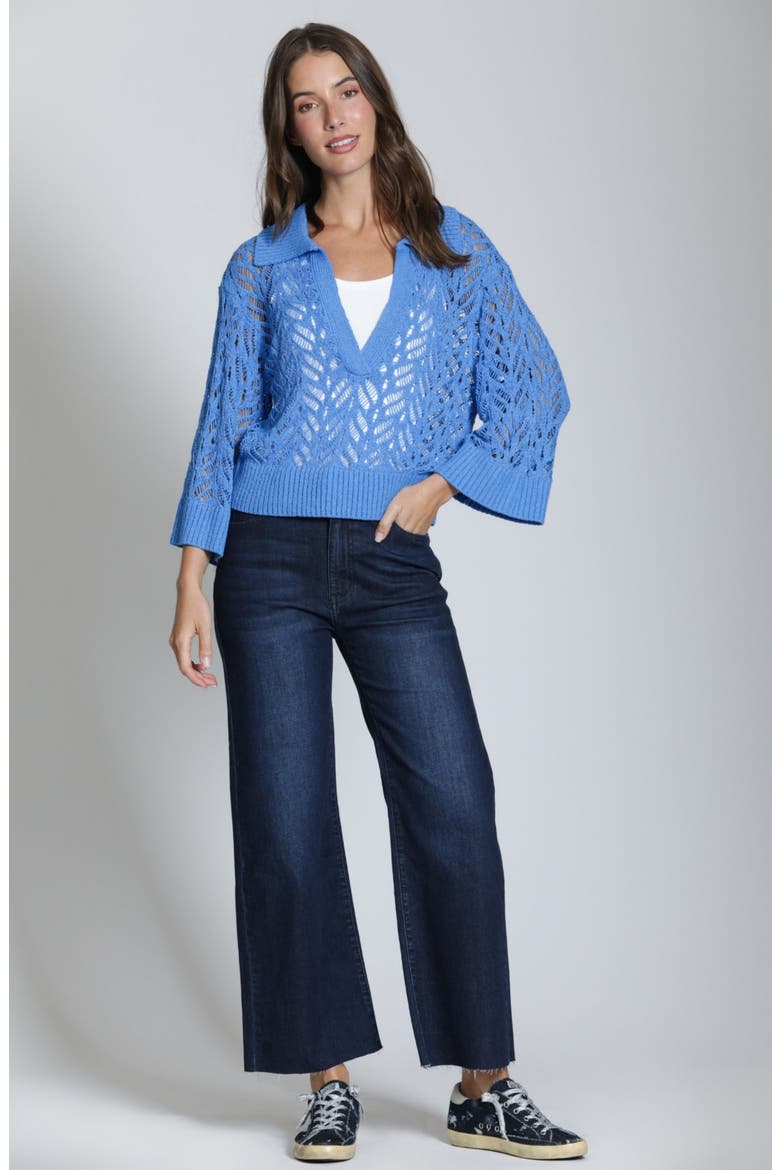 Leafy Open Knit Polo Sweater, Alternate, color, COBALT BLUE
