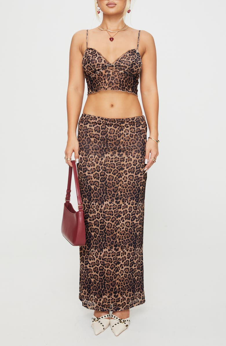 Princess Polly Exuberant Leopard Print Mesh Crop Top & Maxi Skirt Set, Main, color, Brown