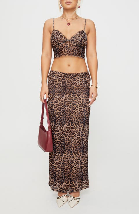 Exuberant Leopard Print Mesh Crop Top & Maxi Skirt Set