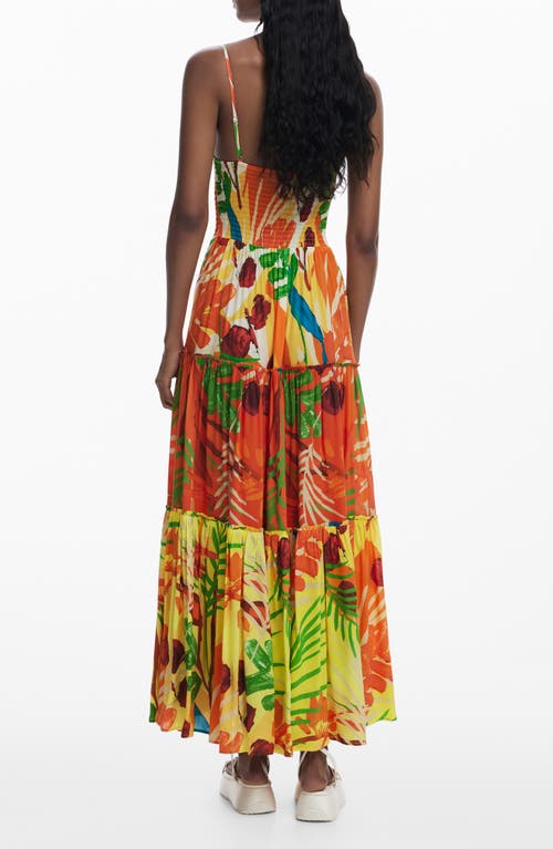 Desigual Smocked Bodice Tiered Maxi Cover-up Sundress In Orange Multi