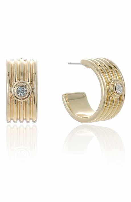 Ettika Medium Ribbed Cubic Zirconia Huggie Hoop Earrings
