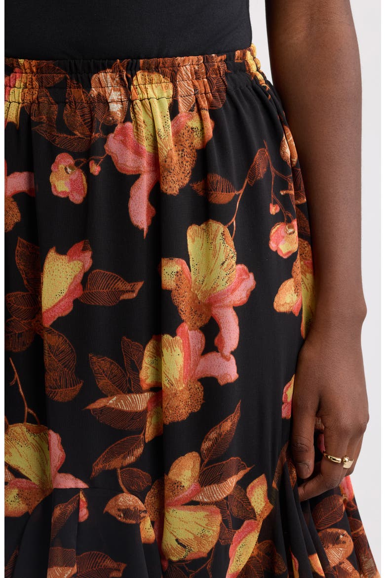 Tiered Chiffon Maxi Skirt, Alternate, color, BLACK- PINK BOLD PETALS