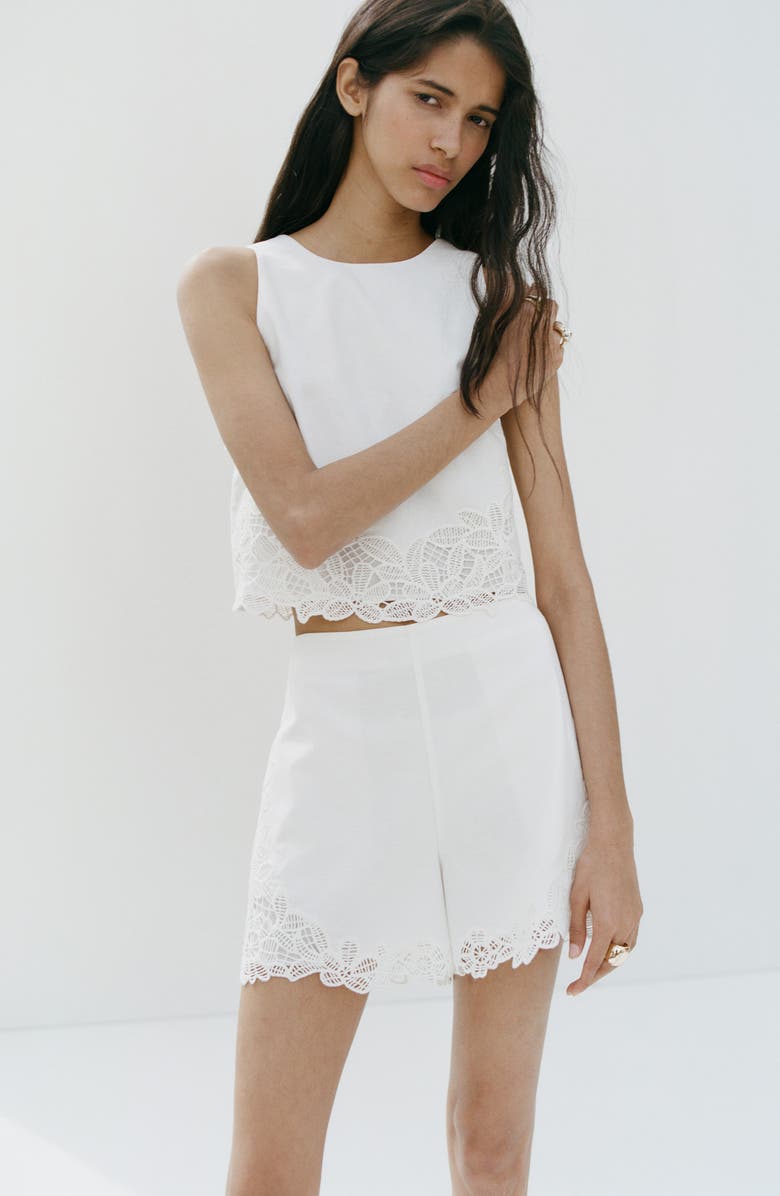 MANGO Embroidered Lace Shorts, Alternate, color, Off White