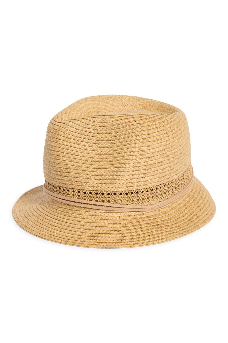 Lace Inset Straw Fedora, Main, color, HEATHER TAN