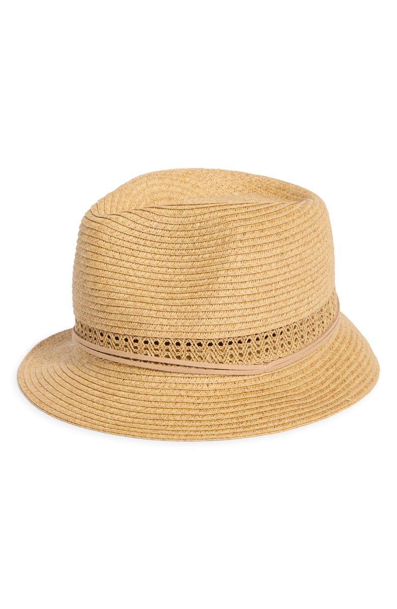 Nine West Lace Inset Straw Fedora, Main, color, Heather Tan