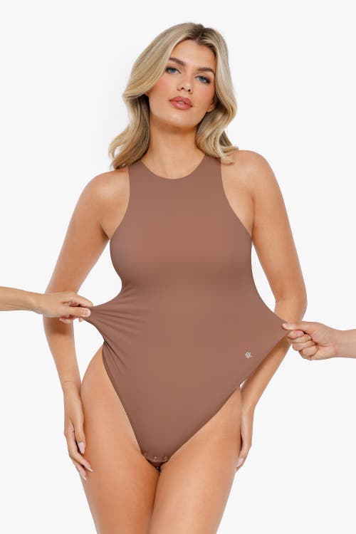 Popilush Shapewear Cloudsense Sleeveless Cutaway Round Neck Bodysuit In Camel