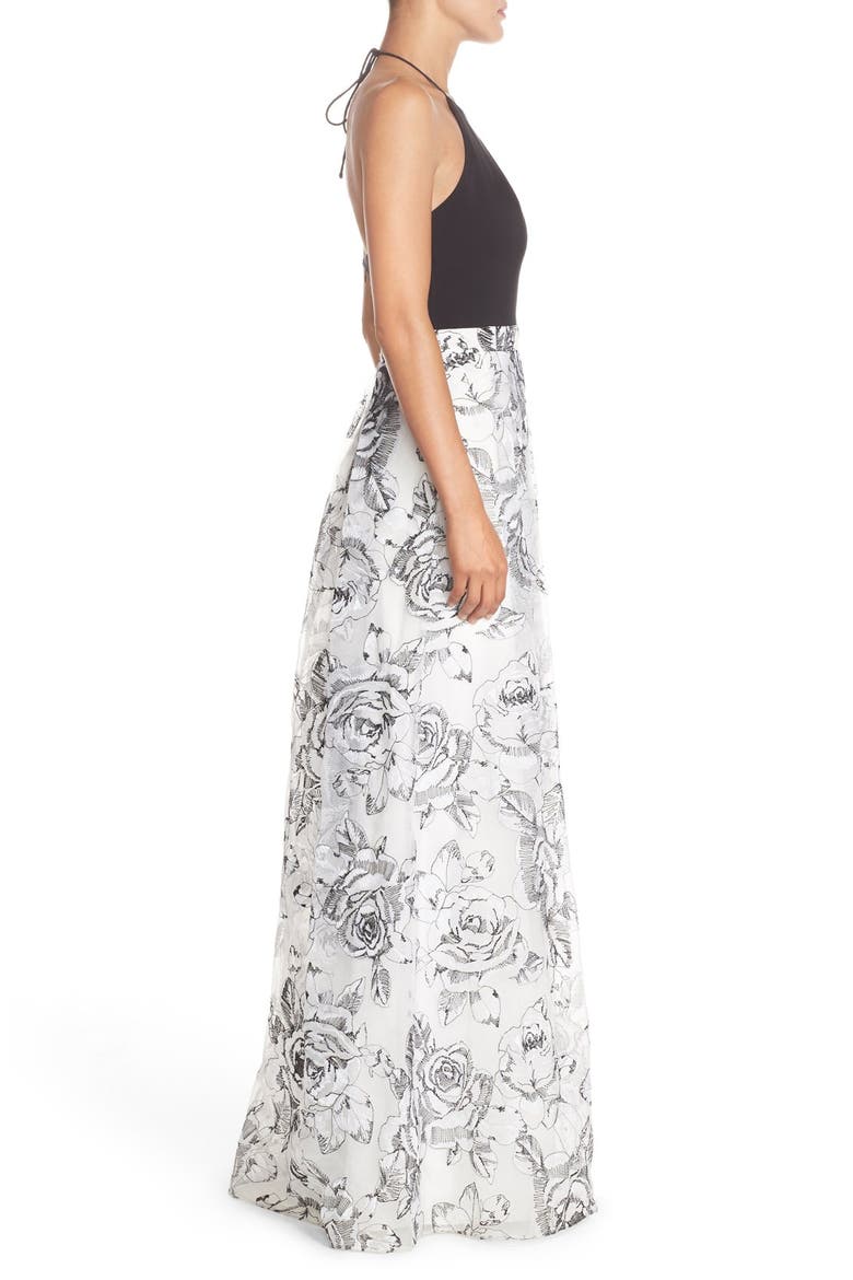 Halter Embroidered Ballgown, Alternate, color, BLACK/ IVORY