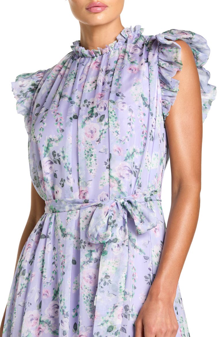 Belted Floral Chiffon Ruffle Sleeve Gown, Alternate, color, Orchid Multi