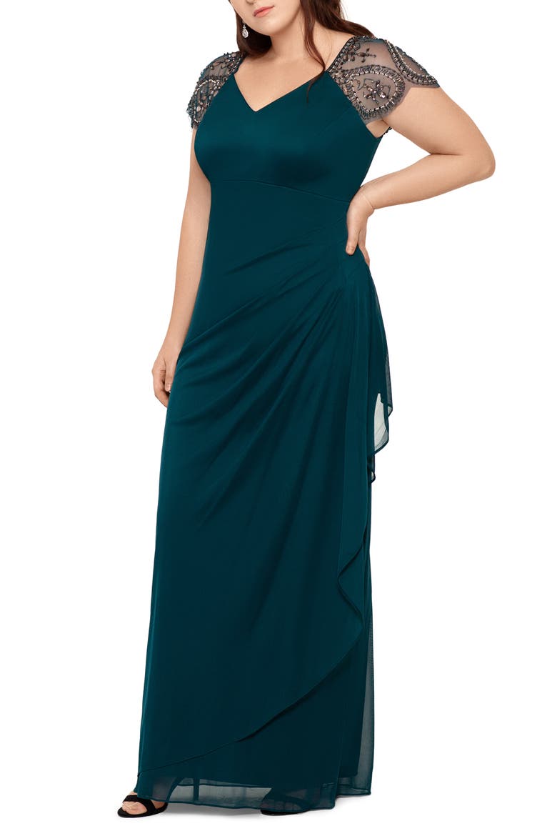 Xscape Embellished Mesh Sheath Evening Gown, Alternate, color, NEO EMERALD