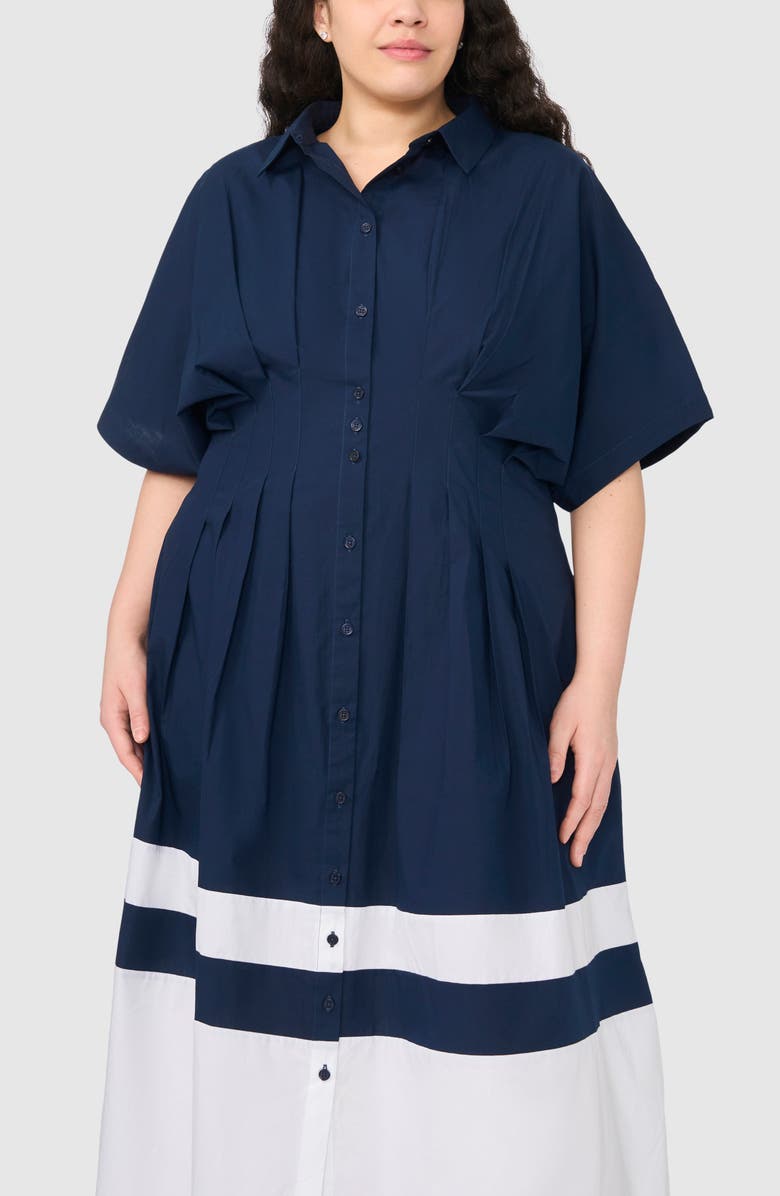 Halogen<sup>®</sup> Pleated Combo Hem Cotton Maxi Shirtdress, Alternate, color, Classic Navy