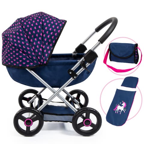 4 in 1 Toy Baby Doll Pram Stroller Cosy Set Up to 18 Inch, Blue, Purple