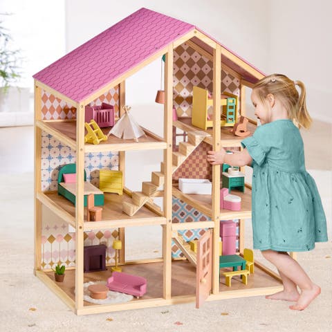 6 Room Wooden Dollhouse Set with 31 Piece Furniture for Kids