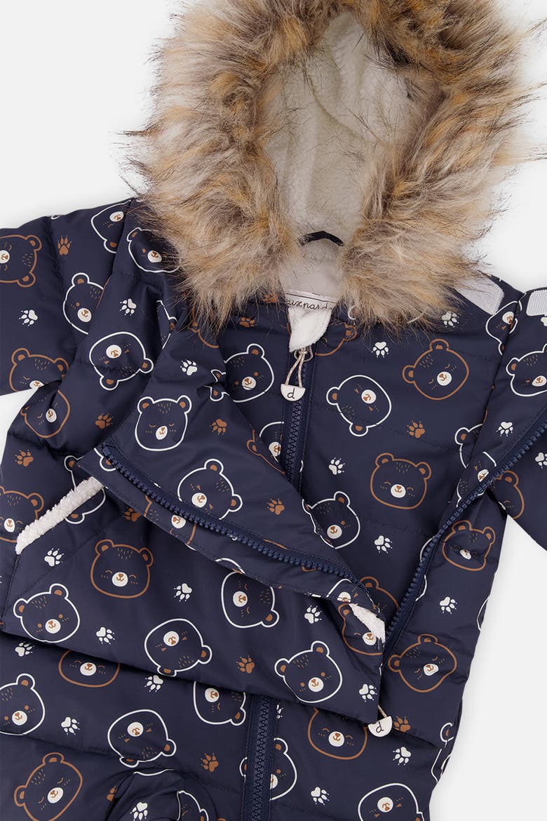 Teddy Bears Snug Car Seat Fleece Neckwarmer One Piece Snowsuit, Alternate, color, Blue Printed Teddy Bears