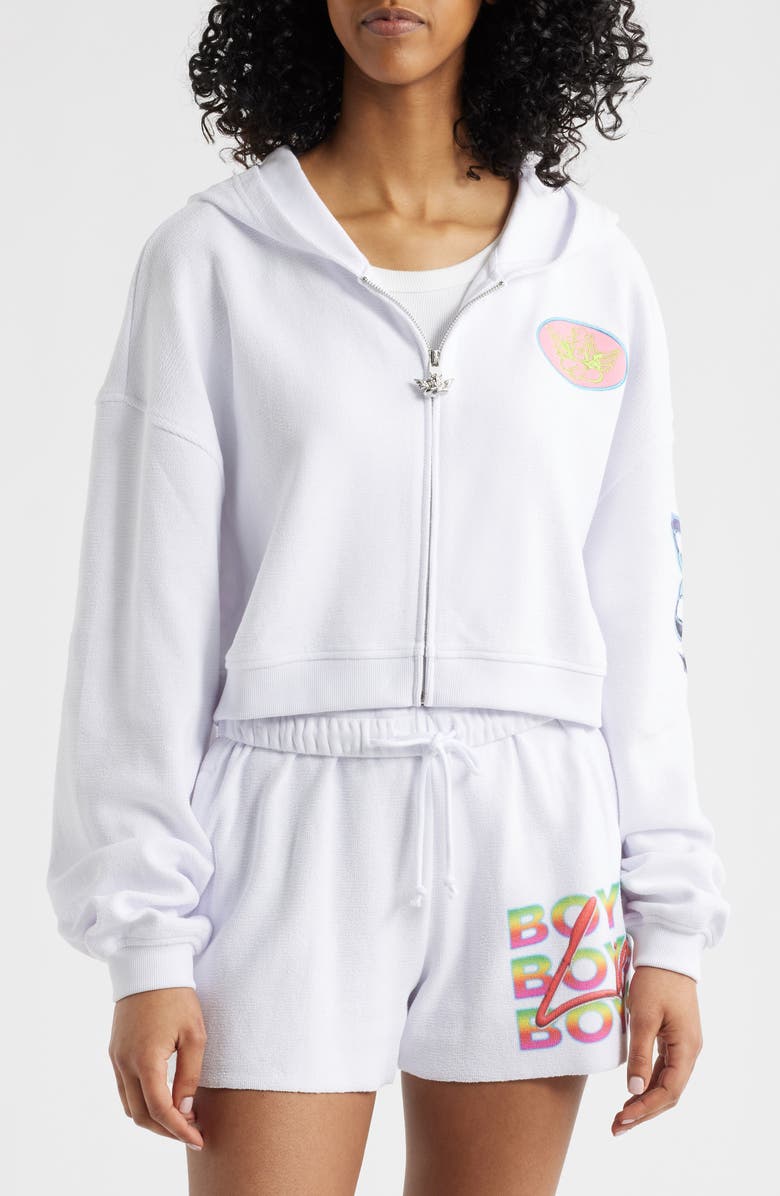 BOYS LIE Alex Gotta Jet Crop Cotton Terry Graphic Zip Hoodie, Alternate, color, White
