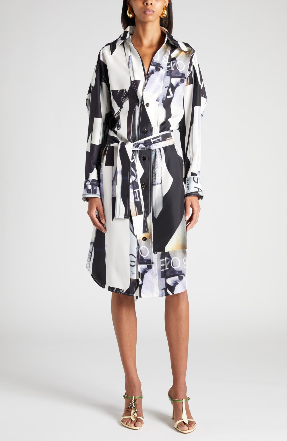 Print Long Sleeve Silk Shirtdress, color, 9060 CHALK/ BLACK
