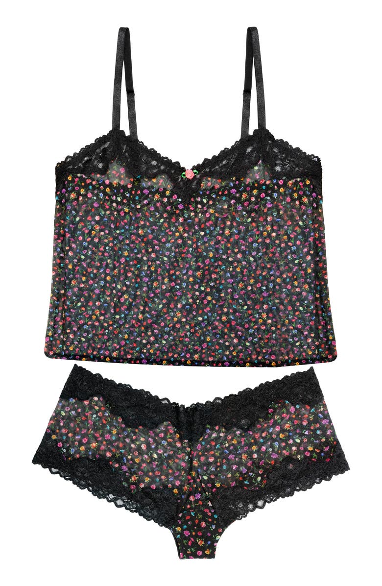 Curvy Couture Floral Sheer Lace Trim Camisole & Boyshorts Set, Alternate, color, Meadow Dream