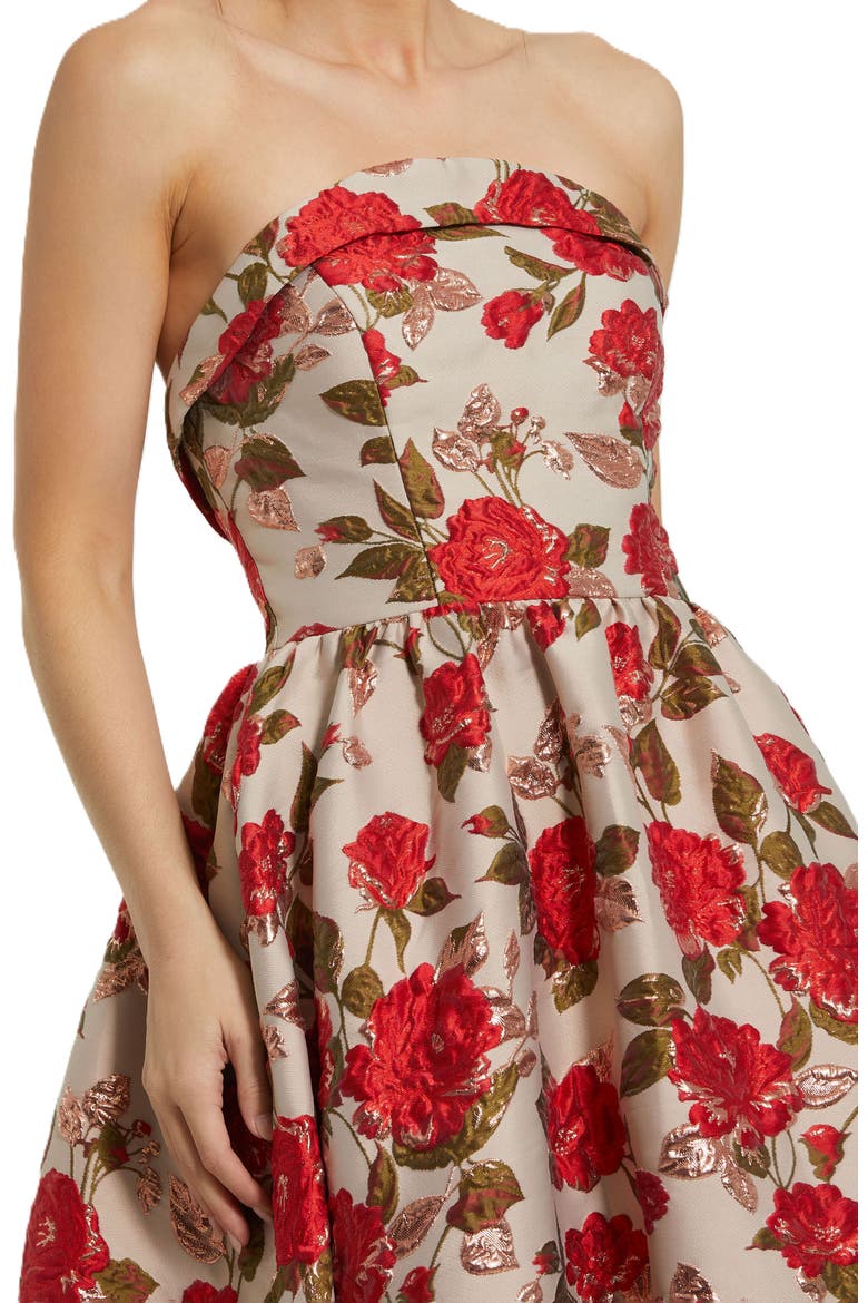 Brocade Strapless Floral Gown With Ruffle Hem, Alternate, color, White Multi
