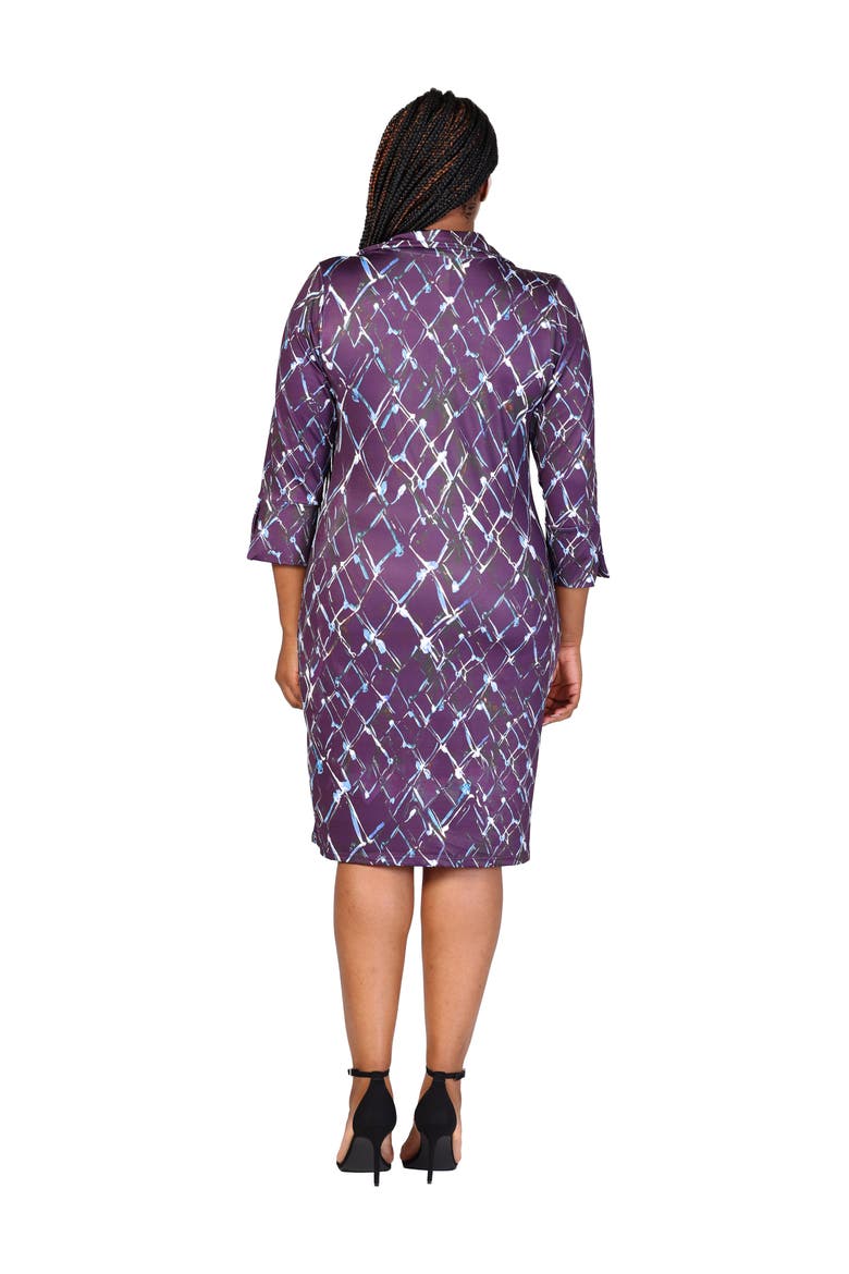 Plus Size  Purple Geometric Print Three Quarter Sleeve Collar Mini Dress, Alternate, color, Purple Multi