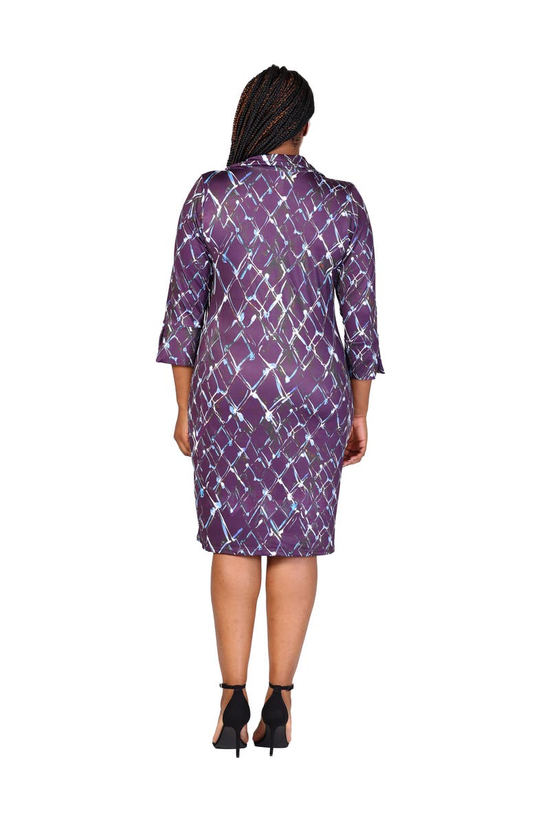 24seven Comfort Apparel Plus Size  Purple Geometric Print Three Quarter Sleeve Collar Mini Dress, Alternate, color, Purple Multi