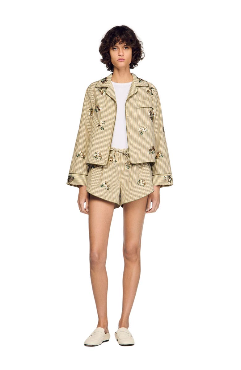SANDRO Floral embroidered striped shorts, Alternate, color, Olive Green