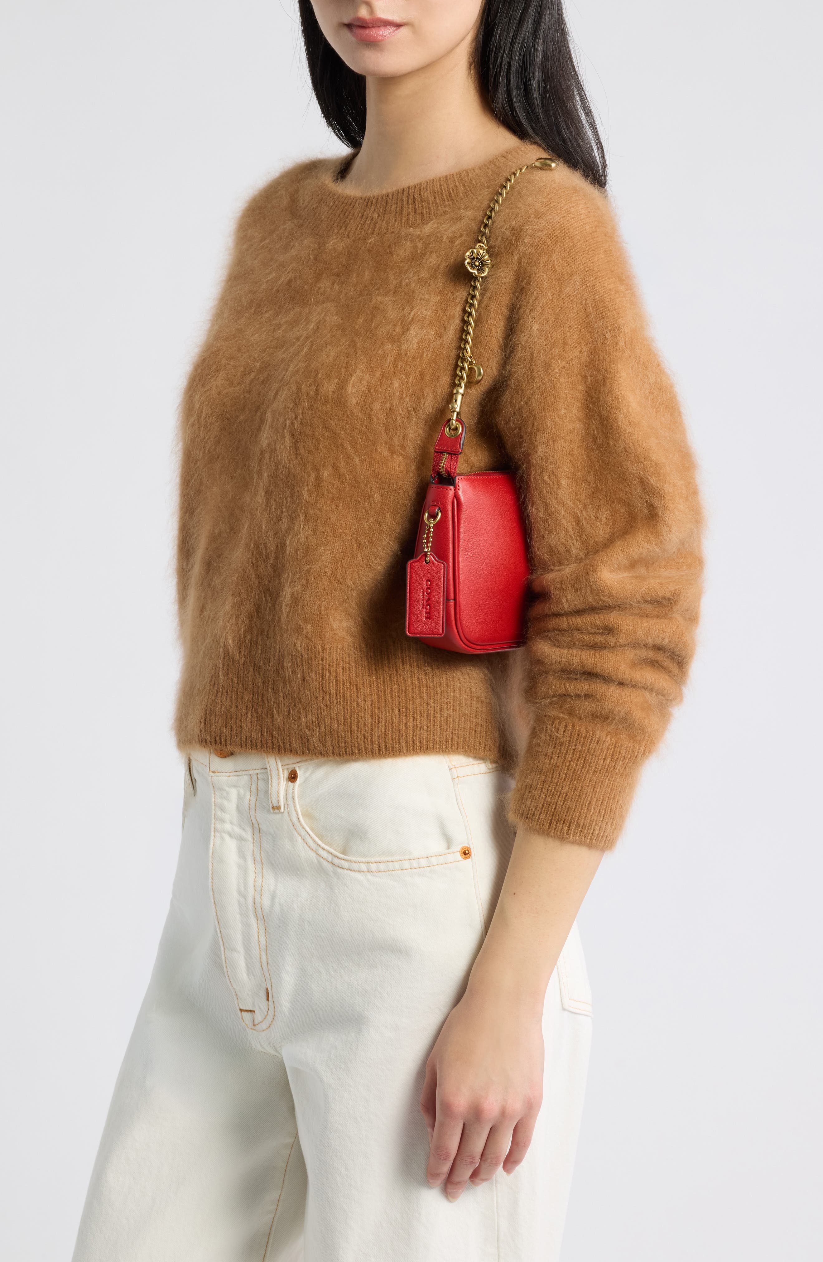 Plaza Leather Bag with Charm Chain Strap, Alternate, color, B4/ SCARLET
