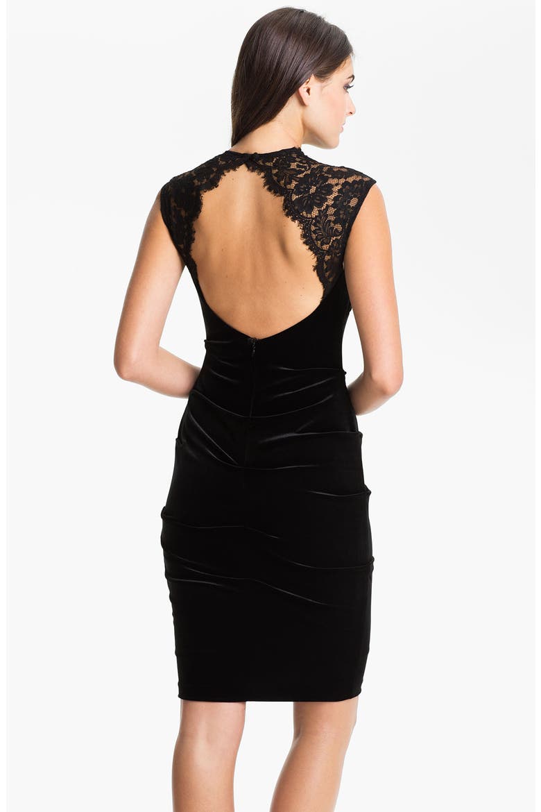 Xscape Lace Shoulder Ruched Velvet Sheath Dress, Alternate, color, BLACK