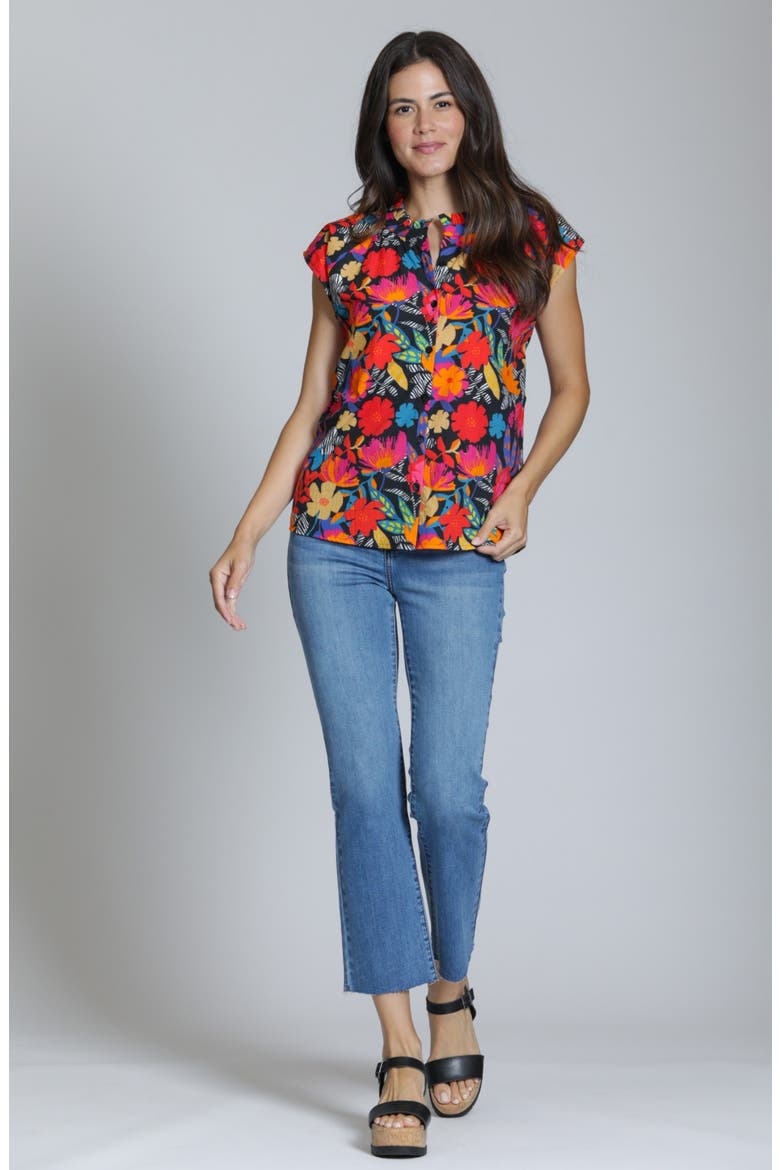 Print Ruffle Neck Top, Alternate, color, RED MULTI