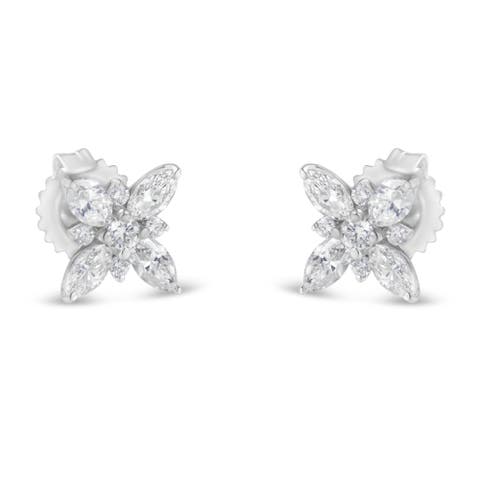 14K White Gold Marquise Diamond Flower Stud Earring