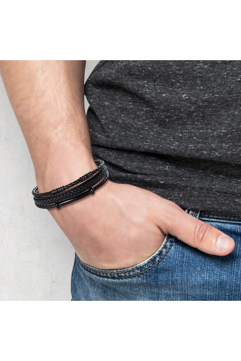 Stainless Steel Triple Row Black Cord Bracelet - 8.25", Alternate, color, Black