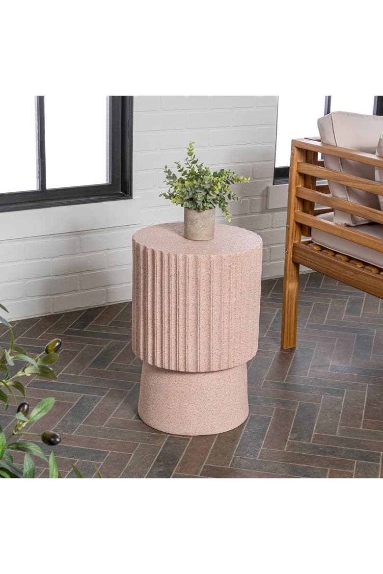 Louisa Modern Fluted Outdoor Accent Table, All-Weather Terrazzo Pedestal Garden Stool & Round Patio Side Table, Alternate, color, Pink Terrazzo