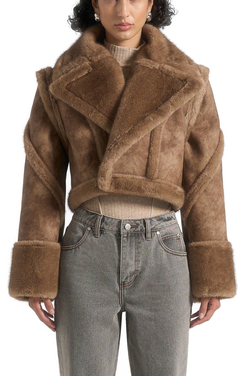 Manière De Voir Kena Vintage Leather & Plush 2-in-1 Gilet Jacket, Main, color,