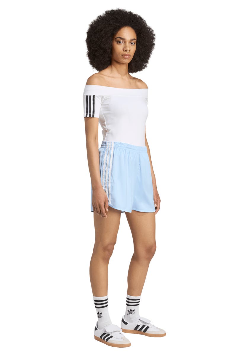adidas Ruffle 3-Stripes Satin Shorts, Alternate, color, Clear Sky