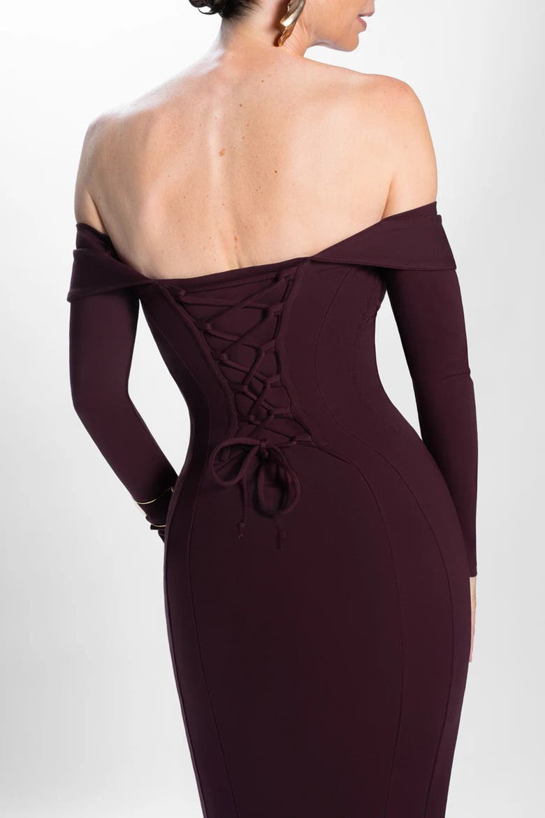 Mega Sculpting Off-the-Shoulder Long Sleeve Midi Dress, Alternate, color, Garnet