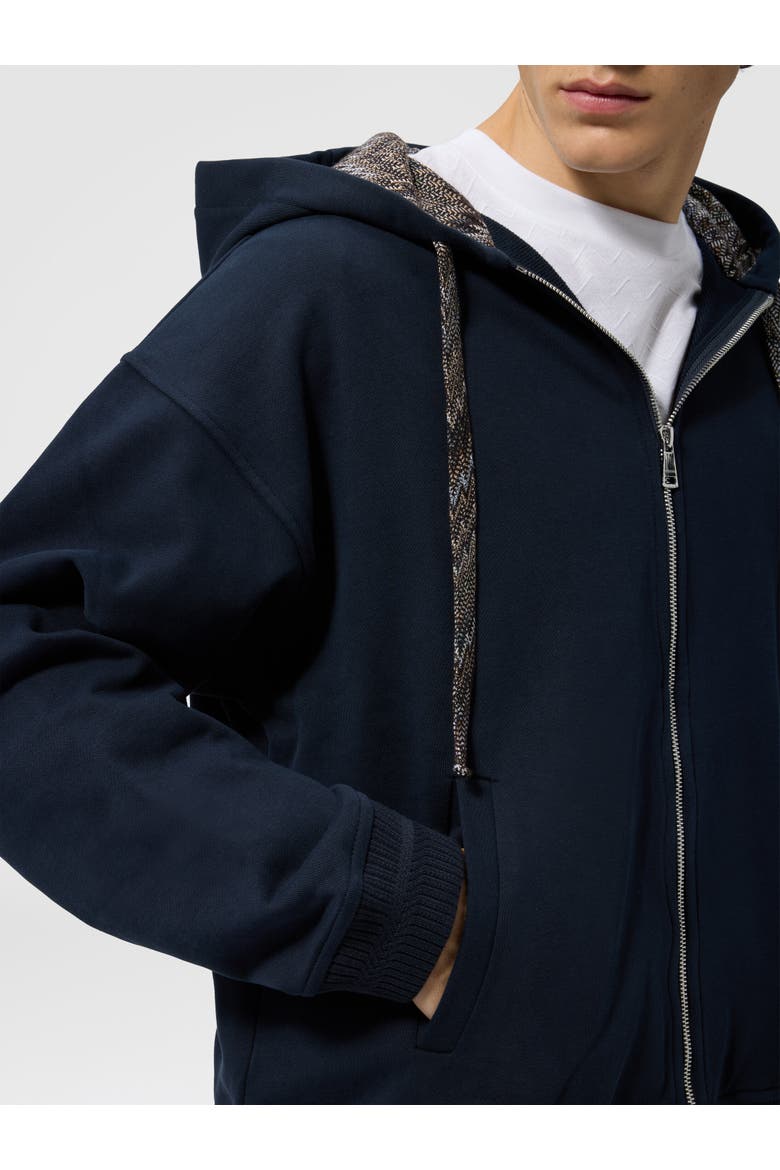Cotton Fleece Cardigan With Zigzag Insert And Hood, Alternate, color, Navy Blue