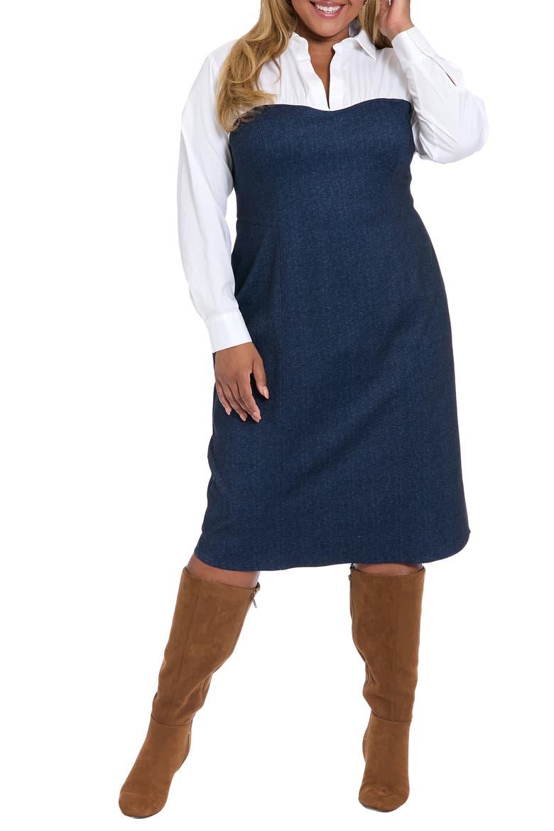 Long Sleeve Twofer Denim Sheath Dress, Main, color, DENIM