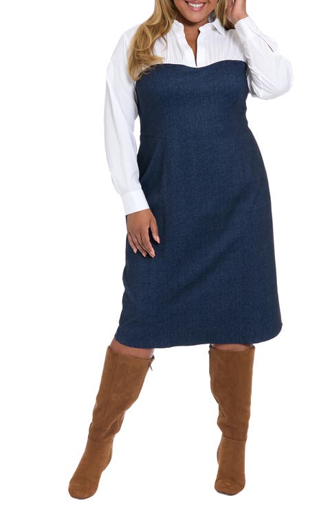 Long Sleeve Twofer Denim Sheath Dress (Plus)
