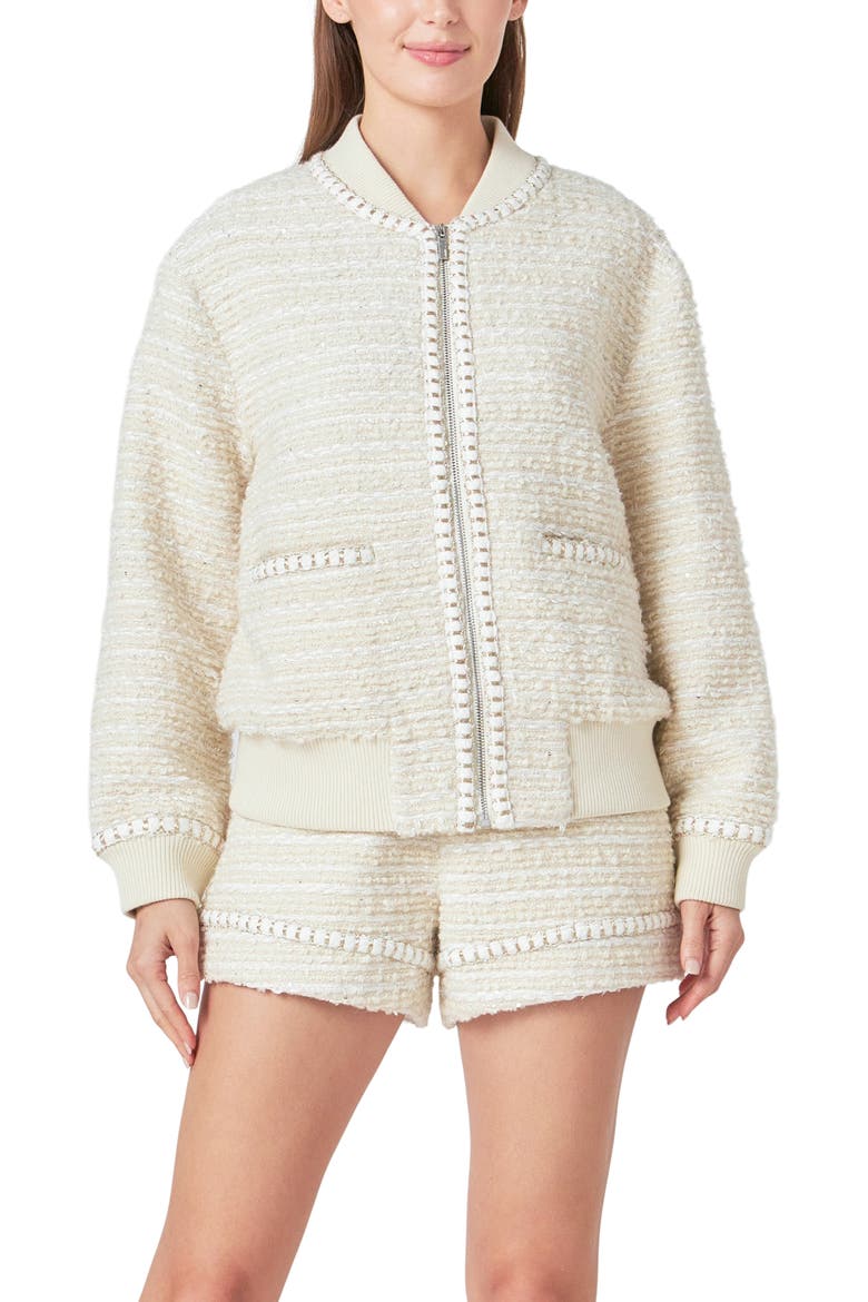 Metallic Thread Detail Tweed Bomber Jacket, Alternate, color, IVORY