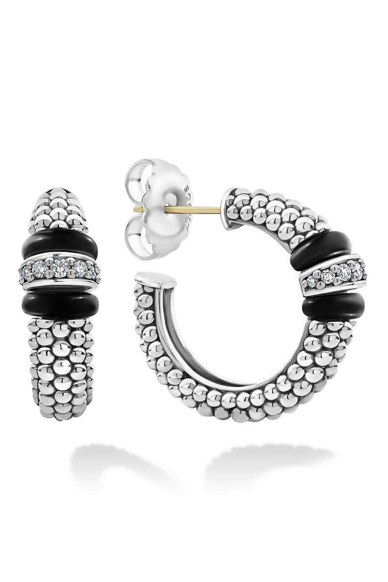 Black Caviar Diamond Hoop Earrings, Alternate, color, BLACK