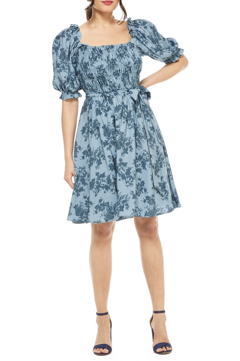 Shiloh Floral Print Smocked Bodice Fit & Flare Dress, Main, color, BLUE FOX/ RETRO BLUE
