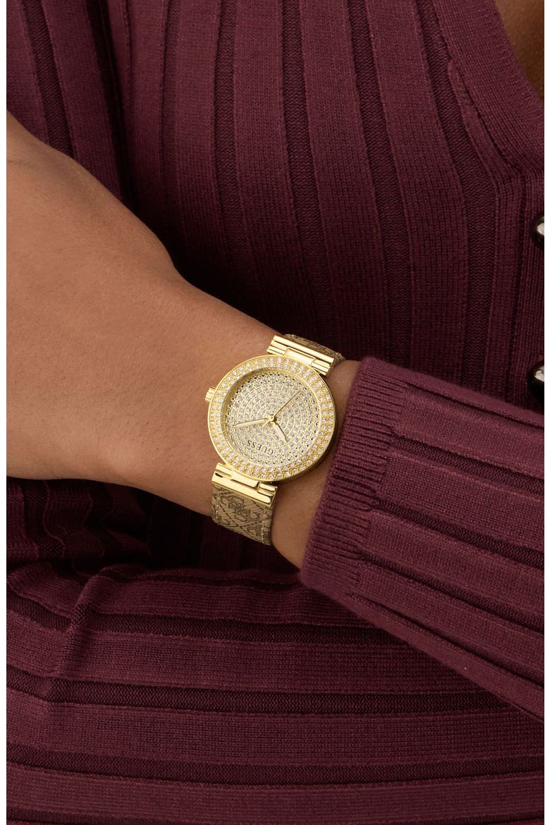 Goldtone & Crystal Logo Leather Strap Watch, 32mm, Alternate, color, BEIGE
